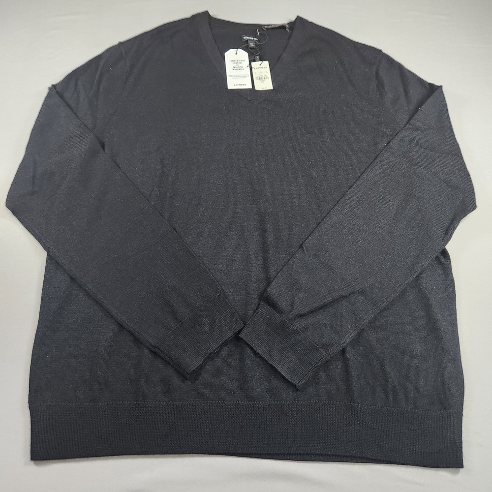 Express V-Neck Merino Wool Blend Black Sweater Mens Size XXL Casual New